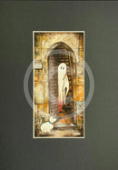 Beneath The Sheets; A Rebellious Spirit - Colour Edition mounted. A ghost art print of a spirit and his dog out side the historic Monk Bar in the haunted City of York by  M.J Braithwaite