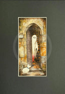 Beneath The Sheets; A Rebellious Spirit - Colour Edition mounted. A ghost art print of a spirit and his dog out side the historic Monk Bar in the haunted City of York by  M.J Braithwaite