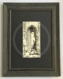  Beneath The Sheets; A Rebellious Spirit - Monochrome Edition Mounted. A black and white ghost art print of a spirit and his dog out side the historic Monk Bar in the haunted City of York. M.J Braithwaite. framed in  muse II black.