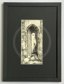 Beneath The Sheets; A Rebellious Spirit - Monochrome Edition Mounted. A black and white ghost art print of a spirit and his dog out side the historic Monk Bar in the haunted City of York. M.J Braithwaite. framed in small linear I Black