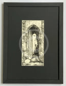 Beneath The Sheets; A Rebellious Spirit - Monochrome Edition Mounted. A black and white ghost art print of a spirit and his dog out side the historic Monk Bar in the haunted City of York. M.J Braithwaite. framed in small linear I Black