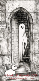Beneath The Sheets; A Rebellious Spirit - Monochrome Edition Mounted. A black and white ghost art print of a spirit and his dog out side the historic Monk Bar in the haunted City of York. M.J Braithwaite.