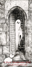 Beneath The Sheets; A Rebellious Spirit - Monochrome Edition Mounted. A black and white ghost art print of a spirit and his dog out side the historic Monk Bar in the haunted City of York. M.J Braithwaite.