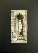 Beneath The Sheets; A Rebellious Spirit - Monochrome Edition Mounted. A black and white ghost art print of a spirit and his dog out side the historic Monk Bar in the haunted City of York. M.J Braithwaite.