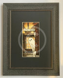 Beneath the Sheets; Boo! Horace Causes Trouble - Colour Edition Beneath The Sheets; A cute ghost art print in The Shambles in the haunted City of York. By M.J Braithwaite.  Framed Muse II Distressed black.