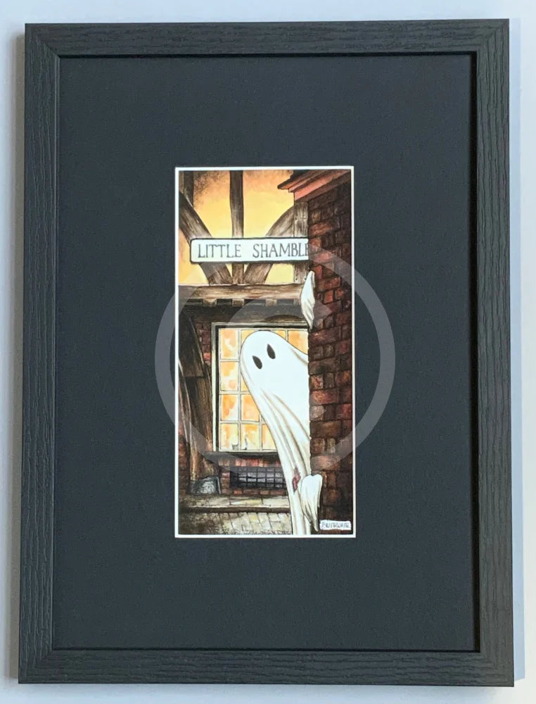 Beneath the Sheets; Boo! Horace Causes Trouble - Colour Edition Beneath The Sheets; A cute ghost art print in The Shambles in the haunted City of York. By M.J Braithwaite.  Framed Small Linear I Black (A) 