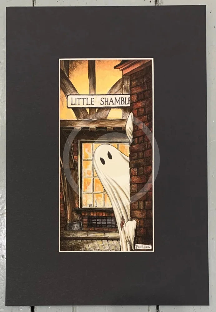 Beneath the Sheets; Boo! Horace Causes Trouble - Colour Edition Mounted. A cute ghost art print in The Shambles in the haunted City of York. By M.J Braithwaite. 