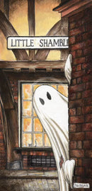 Beneath the Sheets; Boo! Horace Causes Trouble - Colour Edition. A cute ghost art print in The Shambles in the haunted City of York. By M.J Braithwaite. 