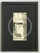 Beneath The Sheets; Boo! Horace Causes Trouble - Monochrome Edition. A black and white cute ghost art print in The Shambles in the haunted City of York. By M.J Braithwaite. Frame in linear I black.