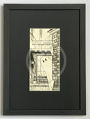 Beneath The Sheets; Boo! Horace Causes Trouble - Monochrome Edition. A black and white cute ghost art print in The Shambles in the haunted City of York. By M.J Braithwaite. Frame in linear I black.