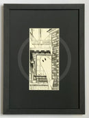 Beneath The Sheets; Boo! Horace Causes Trouble - Monochrome Edition. A black and white cute ghost art print in The Shambles in the haunted City of York. By M.J Braithwaite. Frame in linear I black.