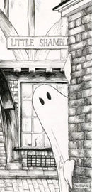 Beneath The Sheets; Boo! Horace Causes Trouble - Monochrome Edition. A black and white cute ghost art print in The Shambles in the haunted City of York. By M.J Braithwaite. 