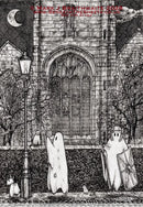 Illustration of ghosts in front of a gothic building at night.