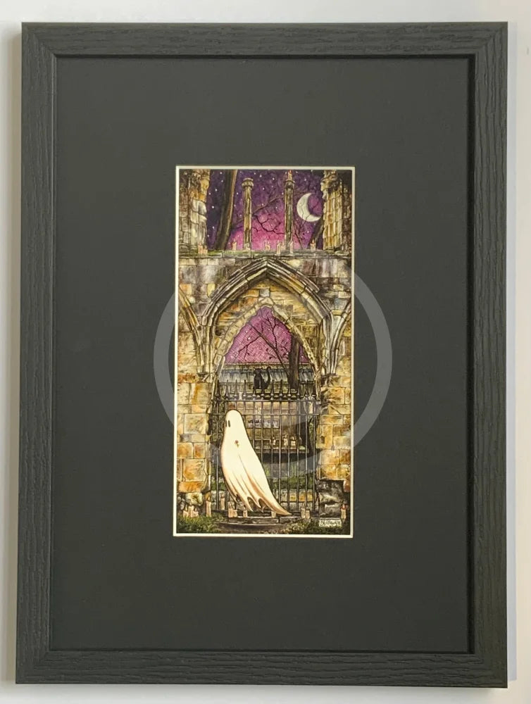 Beneath The Sheets; Quiet As A Nun - Colour Edition. This colourful ghost art print features a lonely spirit floating along the ruined walls of St Mary’s Abbey in the historic haunted City of York. By M.J. Braithwaite.  Framed in Small Linear I Black (A)
