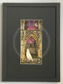 Beneath The Sheets; Quiet As A Nun - Colour Edition. This colourful ghost art print features a lonely spirit floating along the ruined walls of St Mary’s Abbey in the historic haunted City of York. By M.J. Braithwaite.  Framed in Small Linear I Black (A)