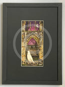 Beneath The Sheets; Quiet As A Nun - Colour Edition. This colourful ghost art print features a lonely spirit floating along the ruined walls of St Mary’s Abbey in the historic haunted City of York. By M.J. Braithwaite.  Framed in Small Linear I Black (A)