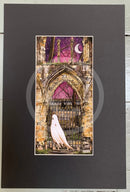 Beneath The Sheets; Quiet As A Nun - Colour Edition. This colourful ghost art print features a lonely spirit floating along the ruined walls of St Mary’s Abbey in the historic haunted City of York. By M.J. Braithwaite. 