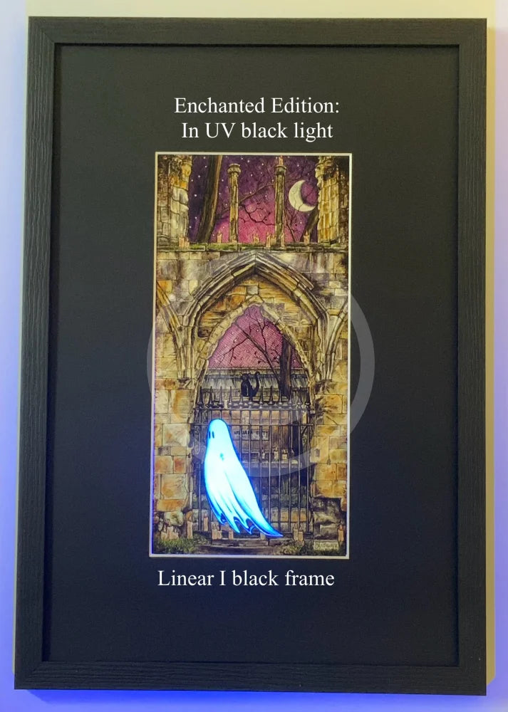 Framed artwork with a ghostly figure in front of a gothic arch, glowing under UV light.
