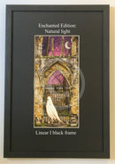 Framed artwork with a ghostly figure in front of a gothic archway.