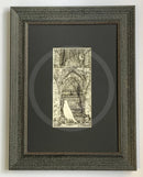 Beneath the Sheets; Quiet as a Nun - Monochrome Edition. This black and white ghost art print features a lonely spirit floating along the ruined walls of St Mary’s Abbey in the historic haunted City of York. By M.J. Braithwaite.  Framed in muse II Distressed black