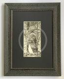 Beneath the Sheets; Quiet as a Nun - Monochrome Edition. This black and white ghost art print features a lonely spirit floating along the ruined walls of St Mary’s Abbey in the historic haunted City of York. By M.J. Braithwaite.  Framed in muse II Distressed black