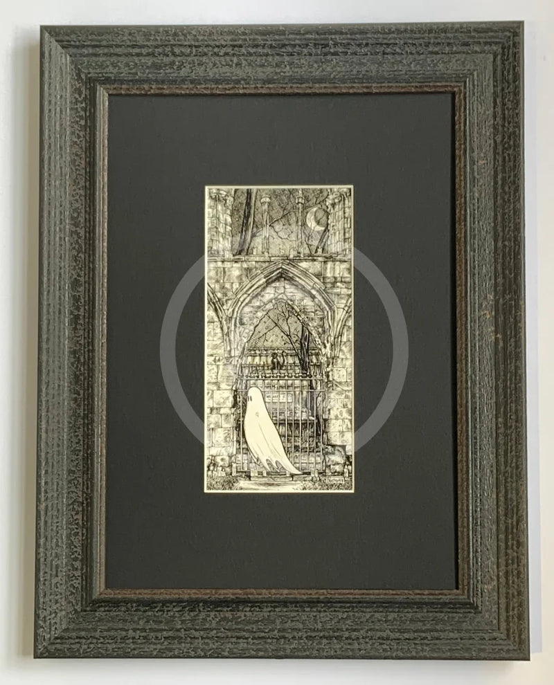 Beneath the Sheets; Quiet as a Nun - Monochrome Edition. This black and white ghost art print features a lonely spirit floating along the ruined walls of St Mary’s Abbey in the historic haunted City of York. By M.J. Braithwaite.  Framed in muse II Distressed black