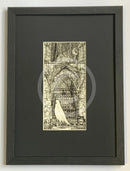  Beneath the Sheets; Quiet as a Nun - Monochrome Edition. This black and white ghost art print features a lonely spirit floating along the ruined walls of St Mary’s Abbey in the historic haunted City of York. By M.J. Braithwaite.  Framed in linear I black