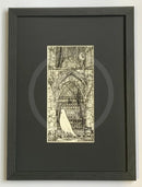  Beneath the Sheets; Quiet as a Nun - Monochrome Edition. This black and white ghost art print features a lonely spirit floating along the ruined walls of St Mary’s Abbey in the historic haunted City of York. By M.J. Braithwaite.  Framed in linear I black