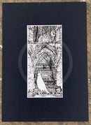 Beneath the Sheets; Quiet as a Nun - Monochrome Edition. This black and white ghost art print features a lonely spirit floating along the ruined walls of St Mary’s Abbey in the historic haunted City of York. By M.J. Braithwaite. 
