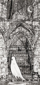 Beneath the Sheets; Quiet as a Nun - Monochrome Edition. This black and white ghost art print features a lonely spirit floating along the ruined walls of St Mary’s Abbey in the historic haunted City of York. By M.J. Braithwaite. 