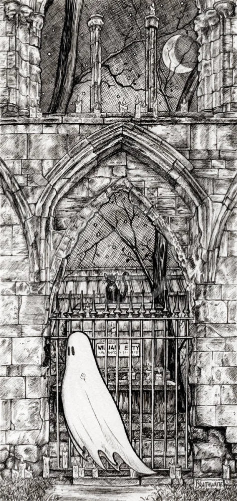 Beneath the Sheets; Quiet as a Nun - Monochrome Edition. This black and white ghost art print features a lonely spirit floating along the ruined walls of St Mary’s Abbey in the historic haunted City of York. By M.J. Braithwaite. 