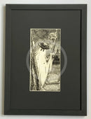 Beneath the Sheets;  Stand and Deliver - Monochrome Edition. This black and white ghost art print features the lawless spirit of the notorious highwayman Dick Turpin wielding his smoking musket, guarding his grave in the historic haunted City of York. By M.J Braithwaite.  Framed in small linear I black