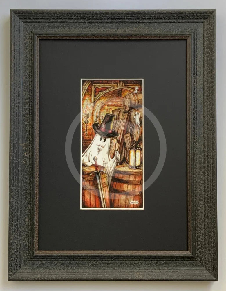Beneath the Sheets; Treason and Plot - Colour Edition Mounted. Ghost with top hat and sword in a rustic setting with barrels and lanterns. Guy Fawkes about to blow up the barrels. Framed in Muse II. 