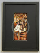 Beneath the Sheets; Treason and Plot - Colour Edition Mounted. Ghost with top hat and sword in a rustic setting with barrels and lanterns. Guy Fawkes about to blow up the barrels. framed in linear I