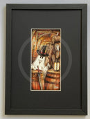 Beneath the Sheets; Treason and Plot - Colour Edition Mounted. Ghost with top hat and sword in a rustic setting with barrels and lanterns. Guy Fawkes about to blow up the barrels. framed in linear I