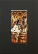 Beneath the Sheets; Treason and Plot - Colour Edition Mounted. Ghost with top hat and sword in a rustic setting with barrels and lanterns. Guy Fawkes about to blow up the barrels. 