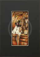 Beneath the Sheets; Treason and Plot - Colour Edition Mounted. Ghost with top hat and sword in a rustic setting with barrels and lanterns. Guy Fawkes about to blow up the barrels. 