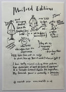 A hand-drawn sketchbook page titled 'Mustard Editions' with black ink illustrations and handwritten notes on off-white paper, photographed flat against a white background.