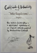 A Certificate of Authenticity card for the artwork 'Better Things to Come' by Sam Altman, featuring black handwritten text on off-white paper with a small sketch of a person at the bottom right.