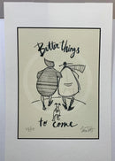 Better Things to Come by Sam Toft — Ernest Hemingway Mustard and Violet walking away together with Doris the dog following between them, black-and-white study 24 of 27