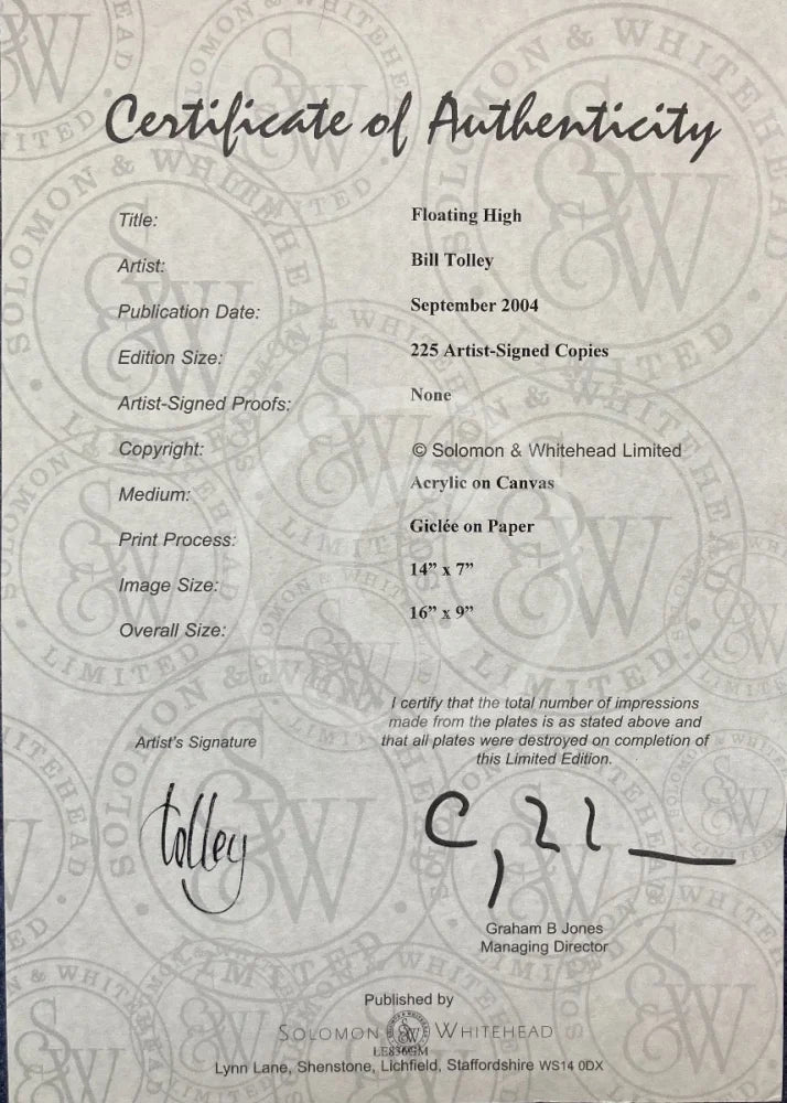 Bill Tolley Signed Limited Edition, Floating High SECONDARY MARKET Certificate