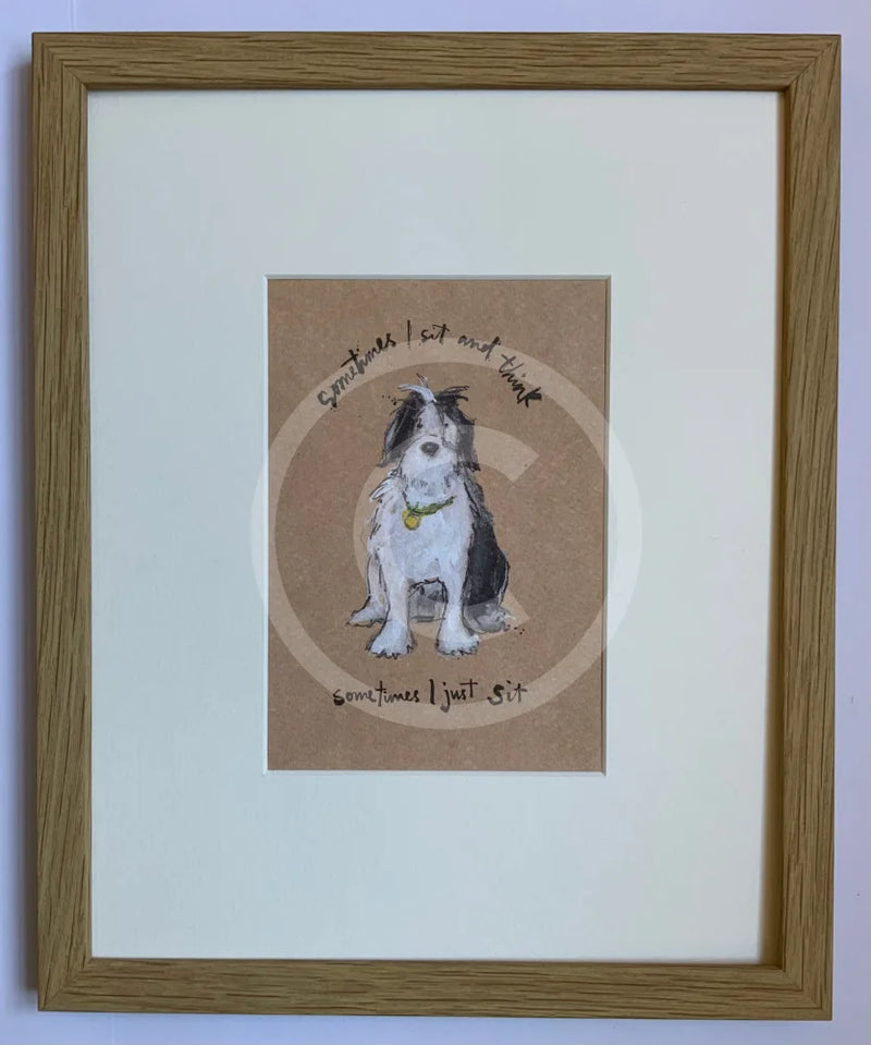 Sometimes I Sit And Think, Sometimes I Just Sit, Sam Toft framed oak mounted print of a black and white dog 