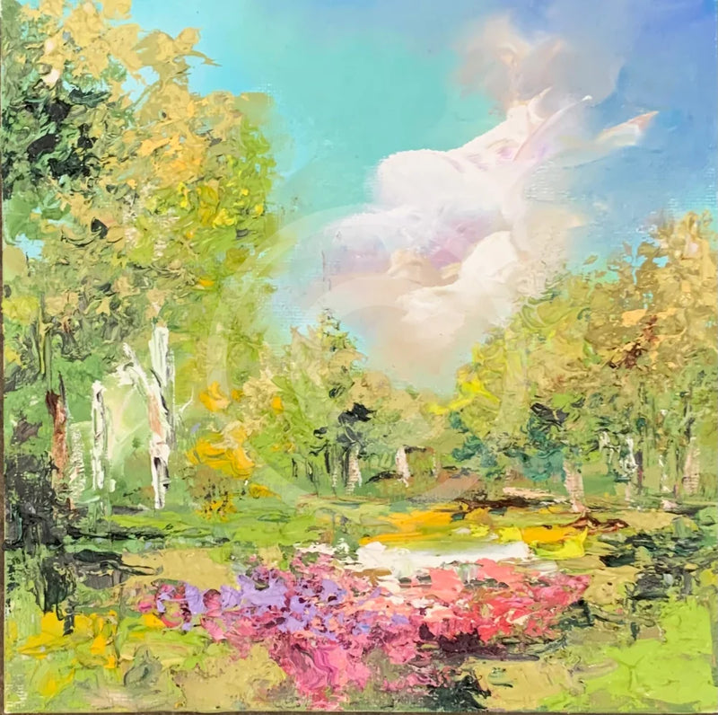 Colorful abstract landscape with trees and a pond