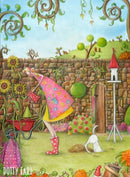 Bottoms Up! by Dotty Earl — figure in a pink floral dress and red spotty wellies bending over in a walled garden with a watering can, white dog digging in the lawn behind her, sunflowers, lupins and a red wheelbarrow