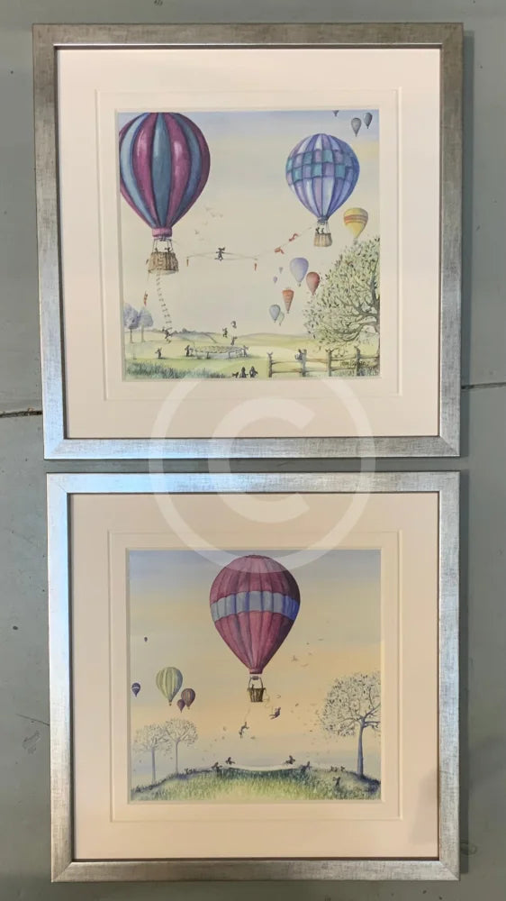 Bunny Balance and Bunny Bungee by Catherine Stephenson Mounted Miniature Framed in pewter cube