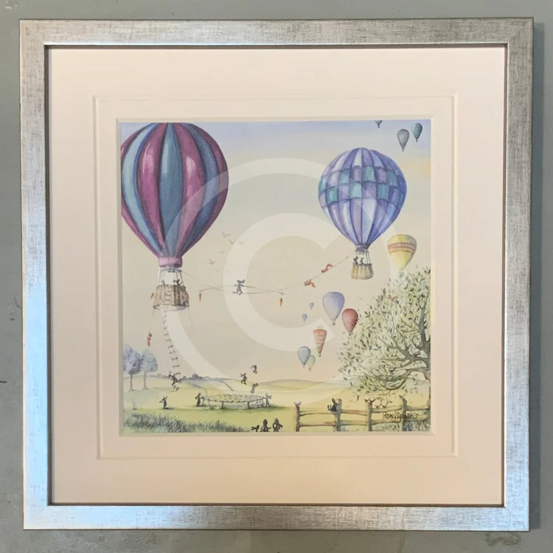 Bunny Balance by Catherine Stephenson Mounted Miniature Framed in pewter cube