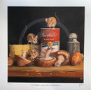 Still life print with Campbell's soup can, mushrooms, and mice on a dark background