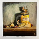 Print of mice around a jar of Piccalilli and a piece of cheese on a table.