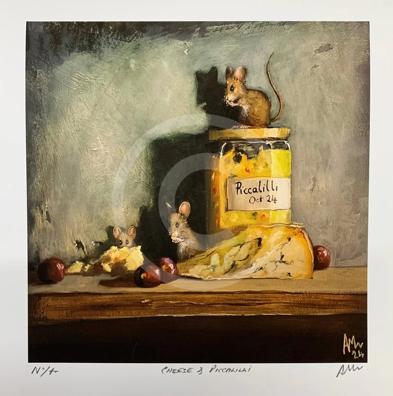 Print of mice around a jar of Piccalilli and a piece of cheese on a table.