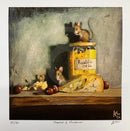 Print of mice around a jar of Piccalilli and a piece of cheese on a table.